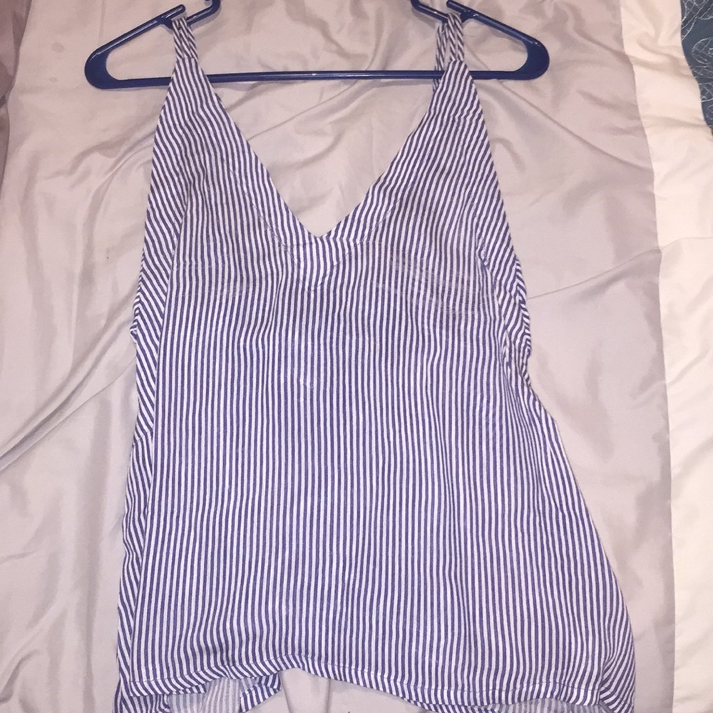 Blue and white striped tank with tie in the back